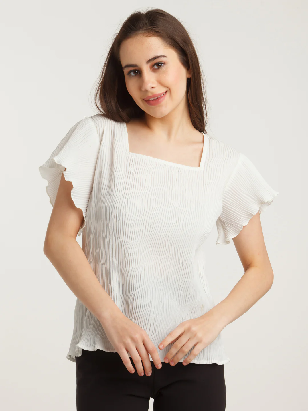 White Solid Flared Sleeve Top - Image 2