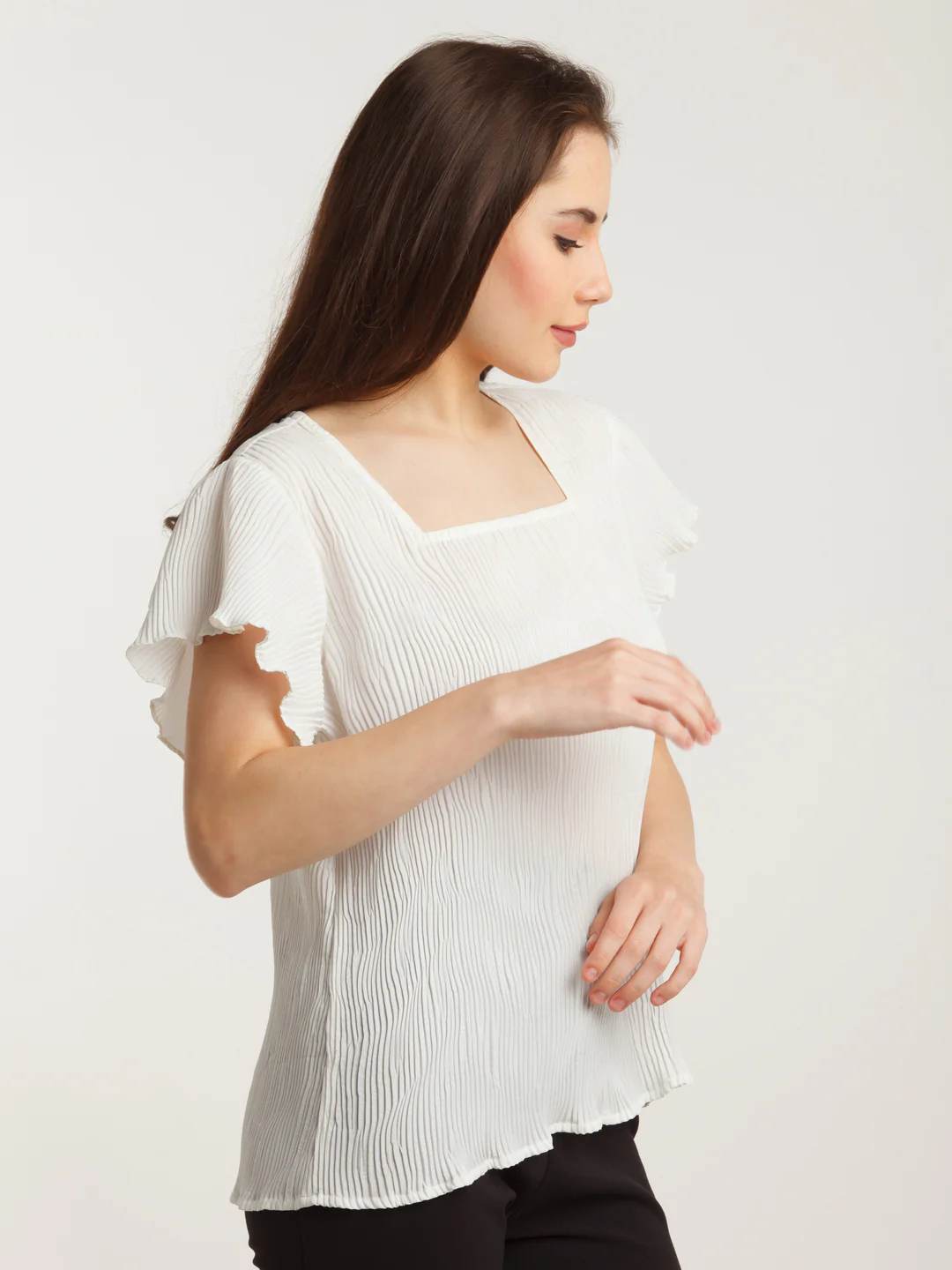White Solid Flared Sleeve Top - Image 4
