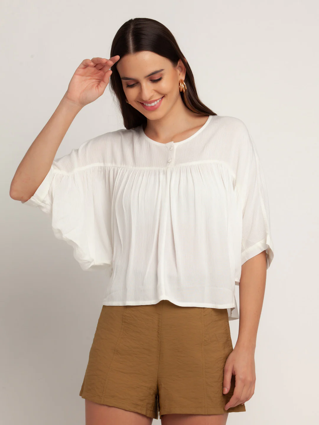 White Solid Gathered Top - Image 2