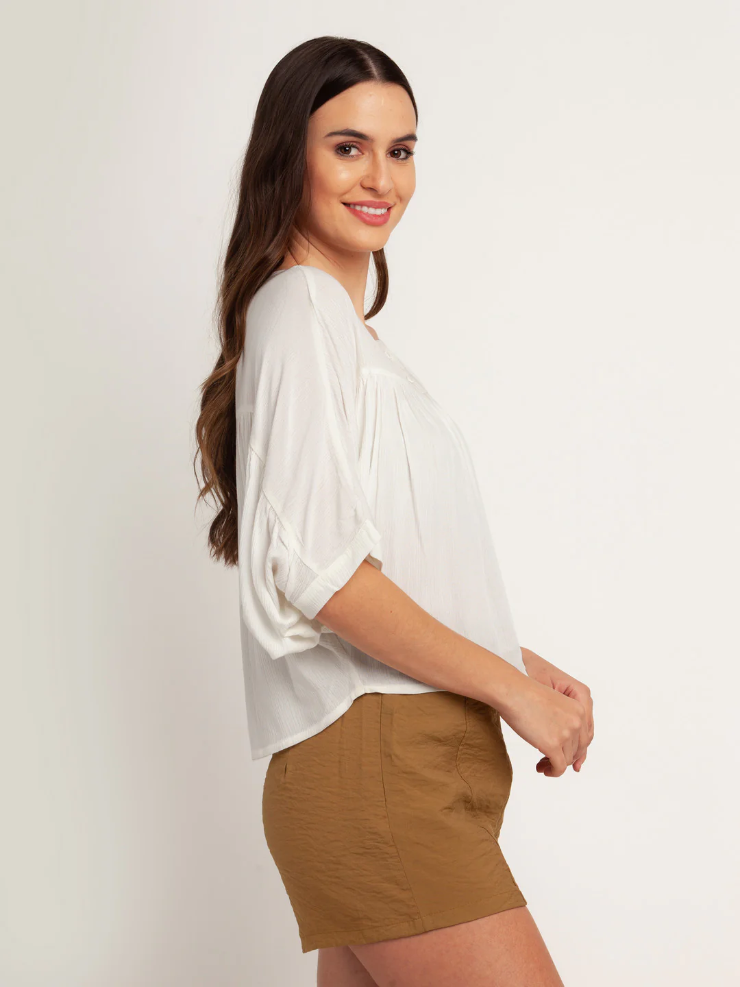 White Solid Gathered Top - Image 3