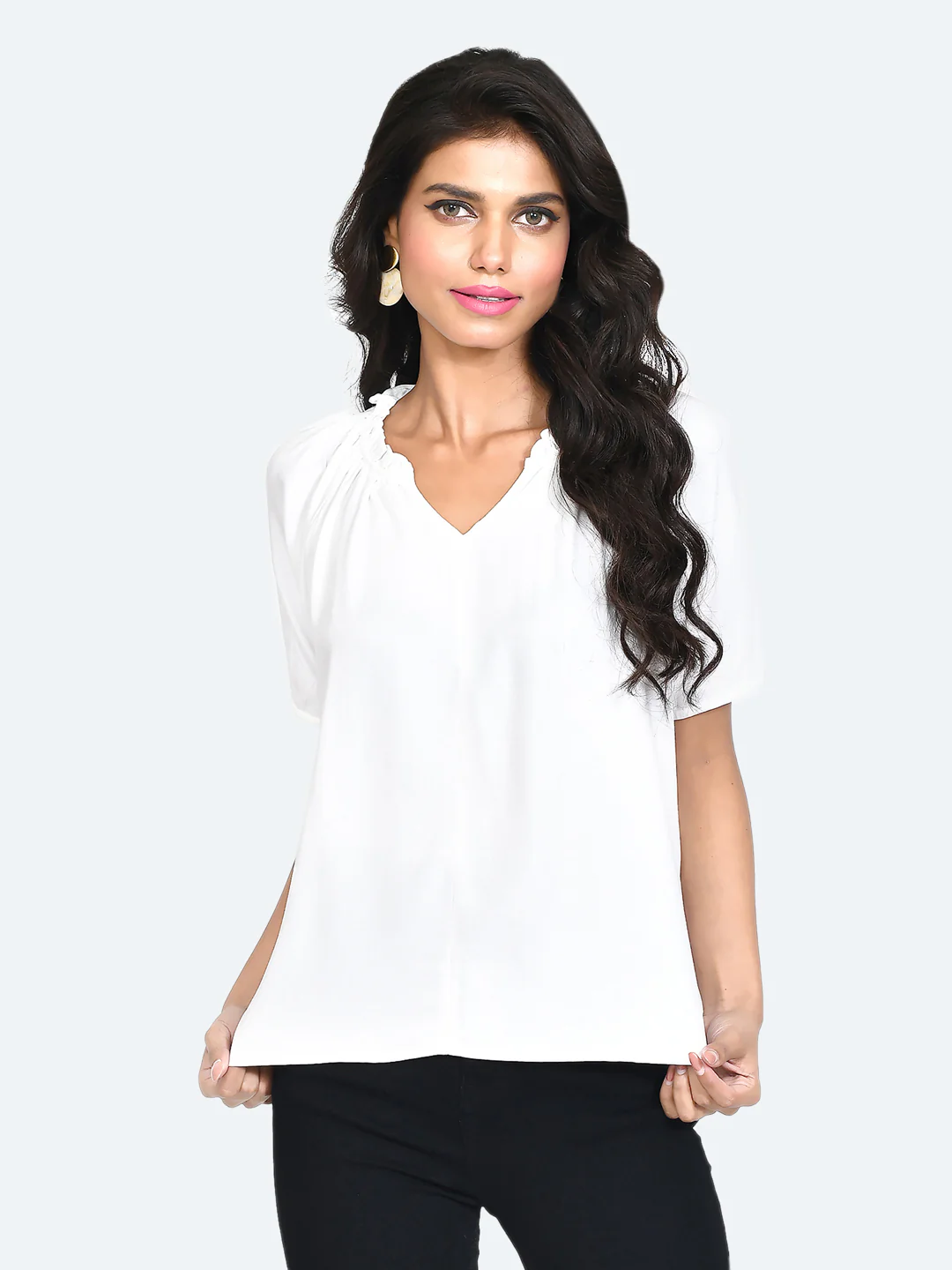White Solid Gathered Top - Image 3