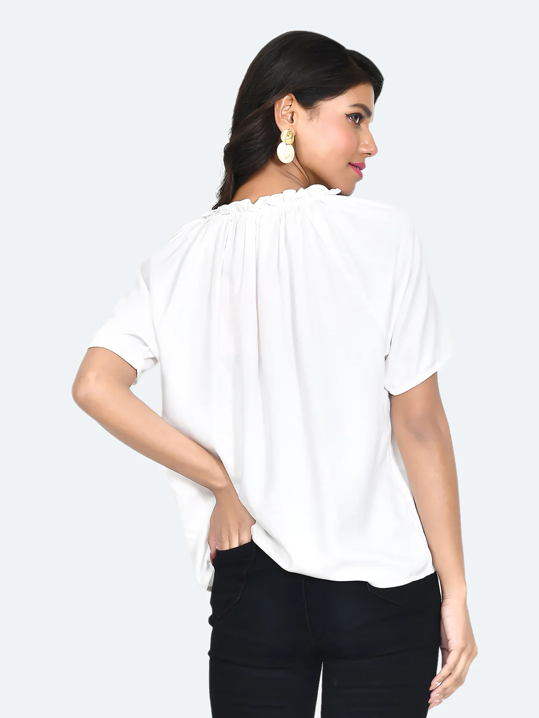 White Solid Gathered Top - Image 5