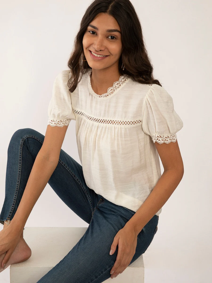 White Solid Lace Insert Top