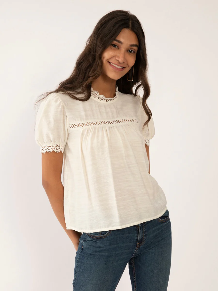 White Solid Lace Insert Top - Image 2