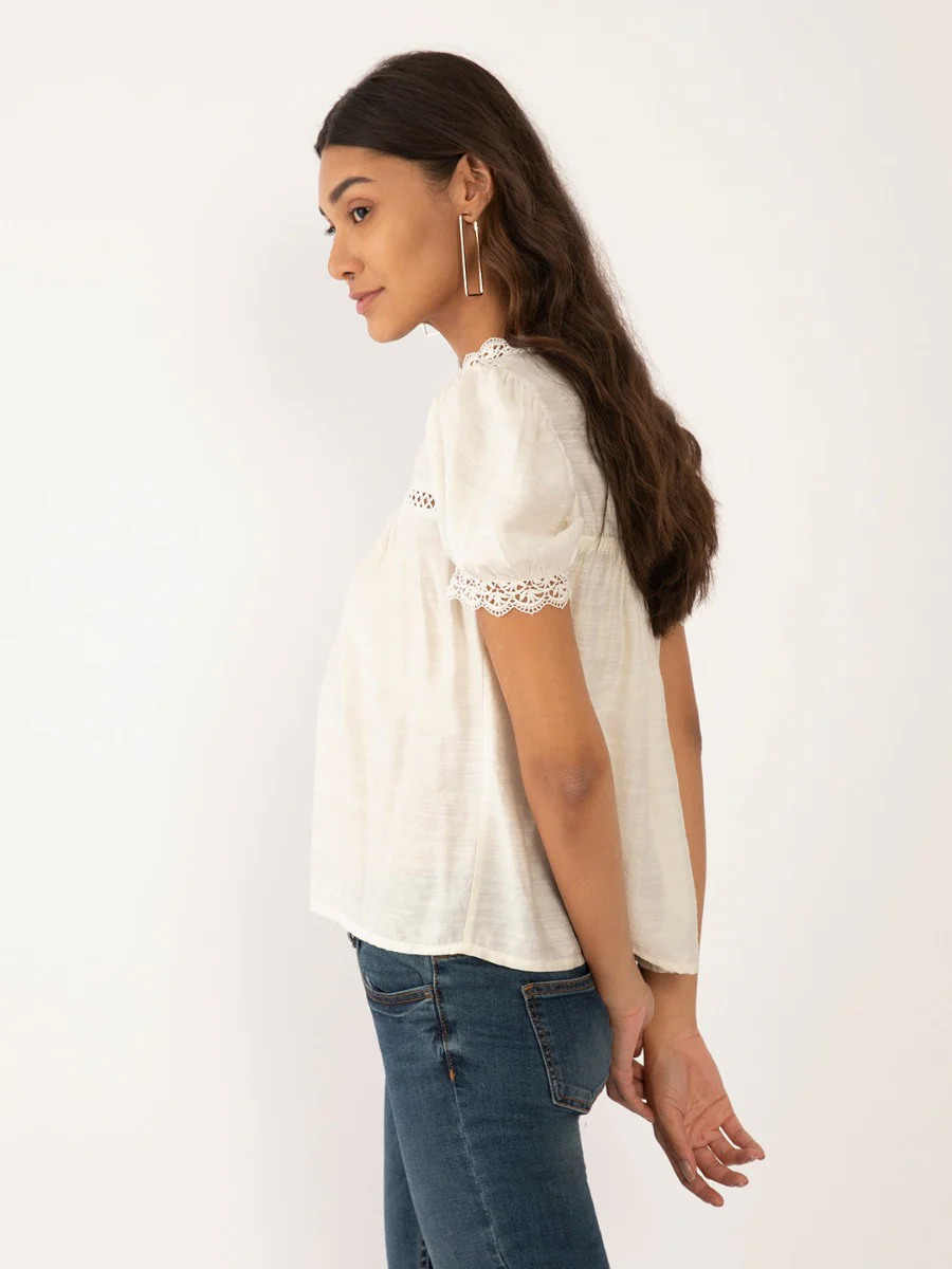 White Solid Lace Insert Top - Image 3