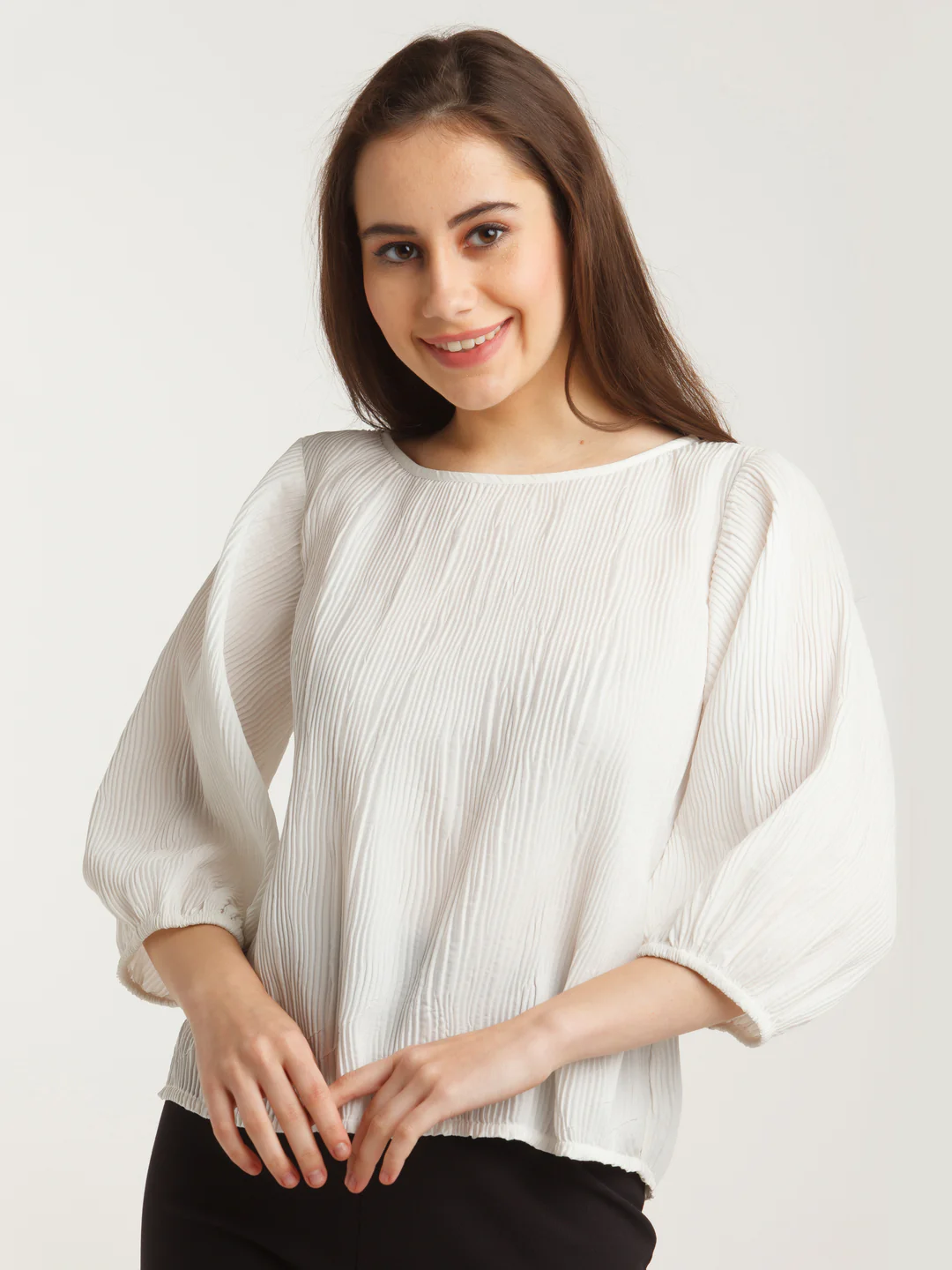 White Solid Pleated Top - Image 2