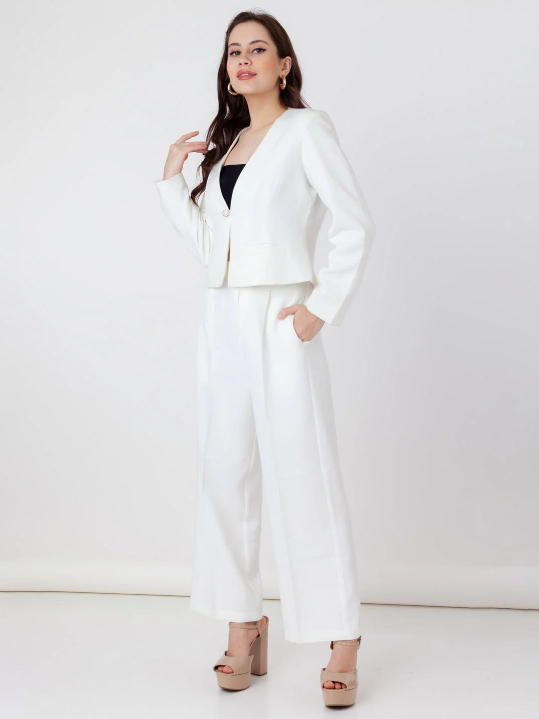 White Solid Pleated Trouser
