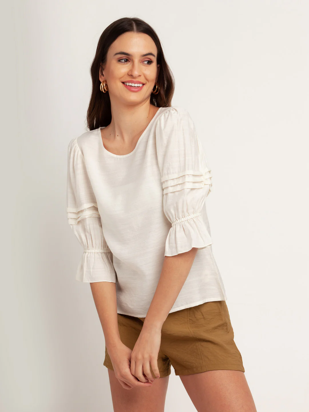 White Solid Puff Sleeve Top - Image 2