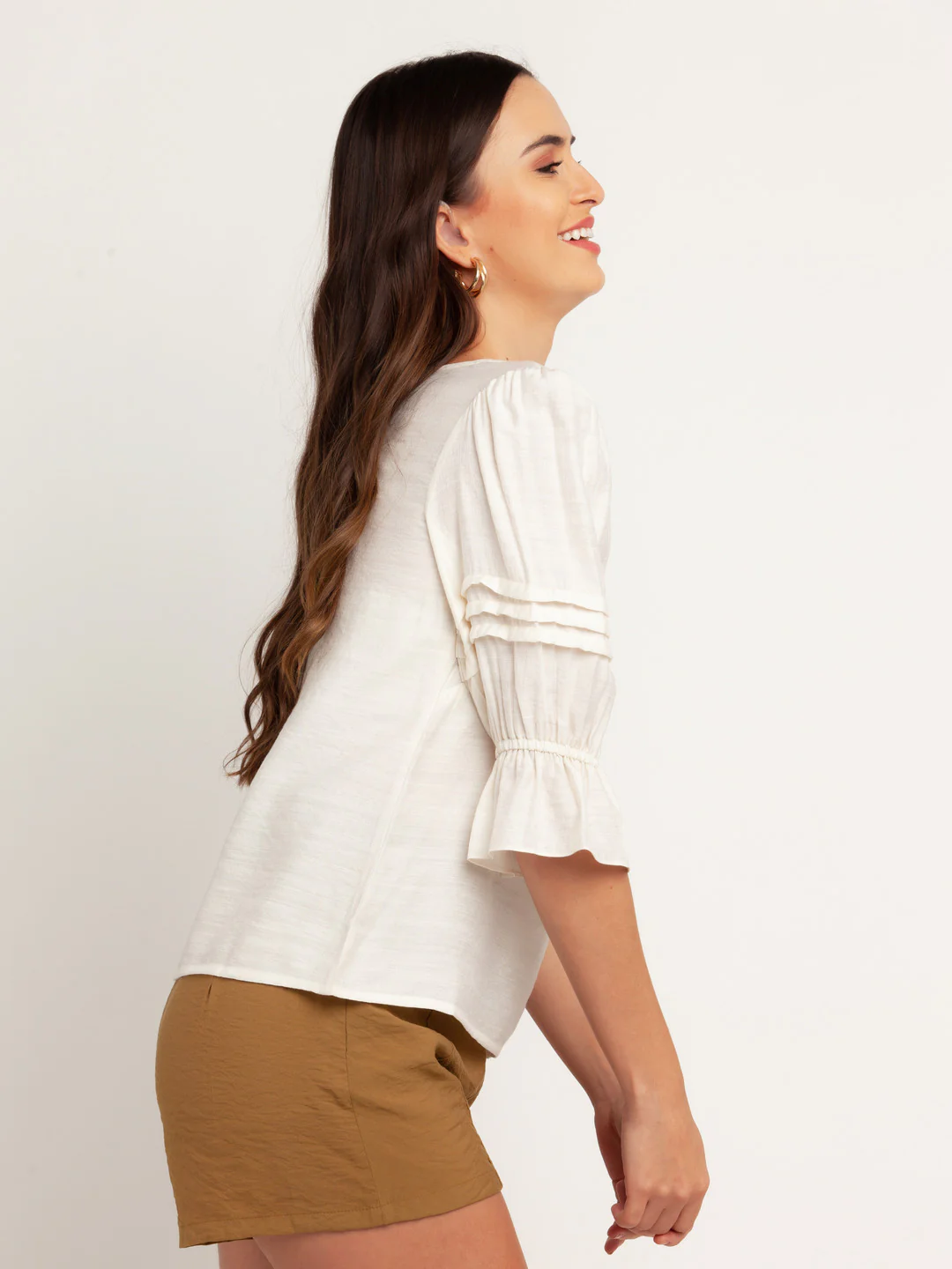 White Solid Puff Sleeve Top - Image 3