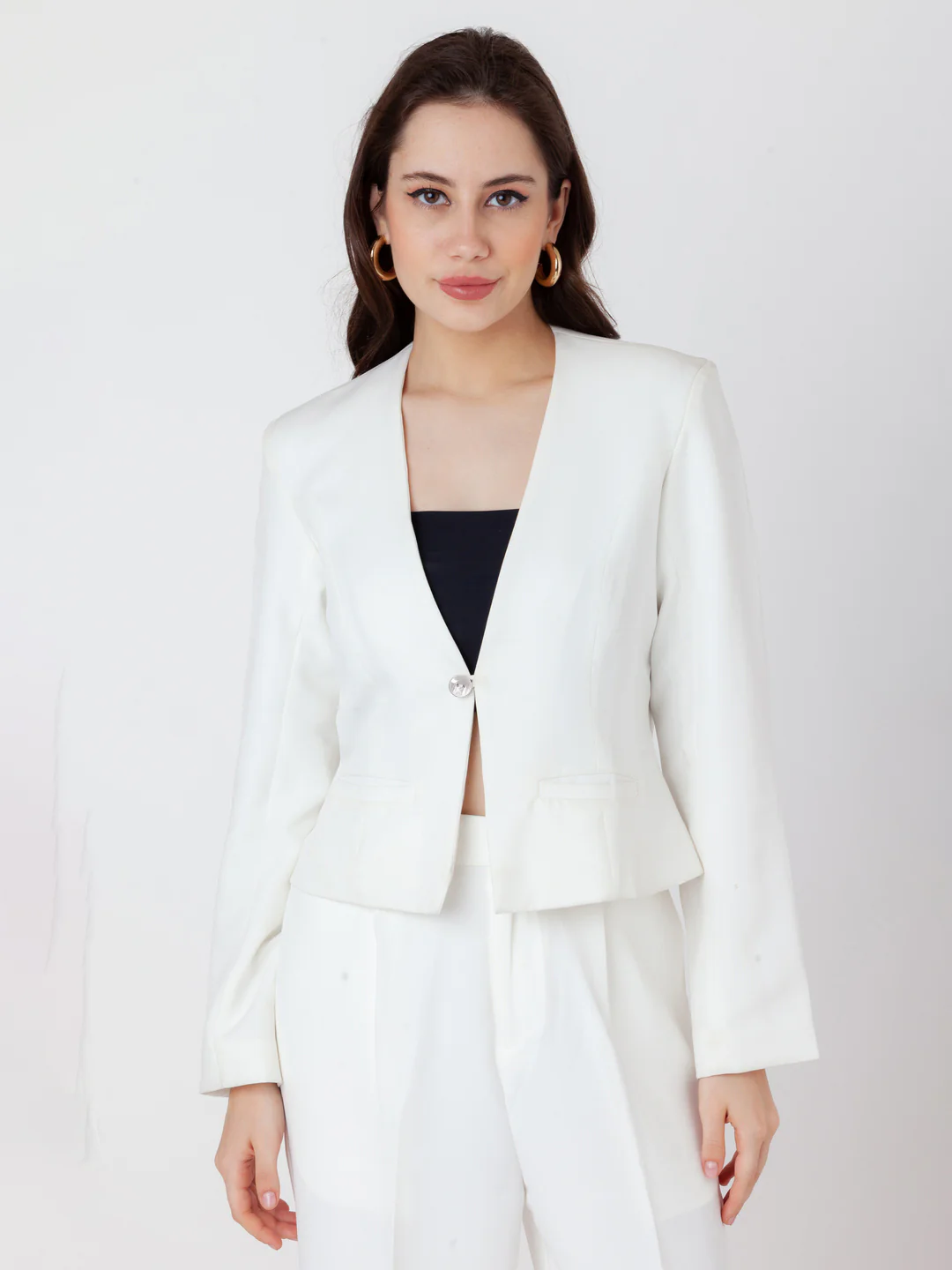 White Solid Single Breasted Blazer - Image 4