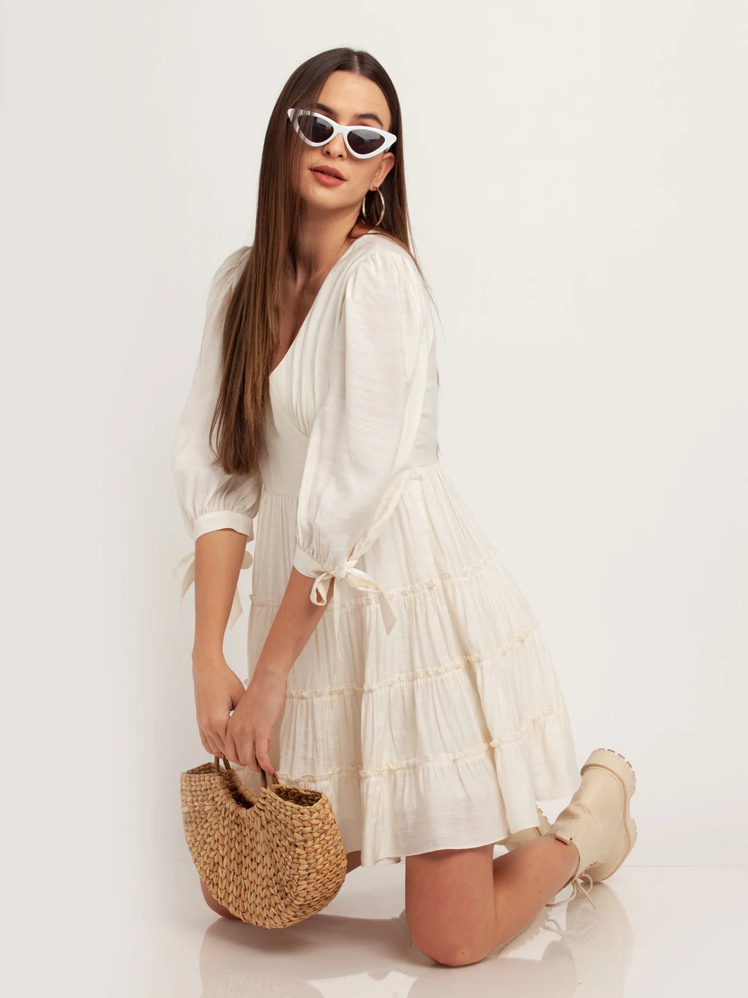 White Solid Tiered Short Dress