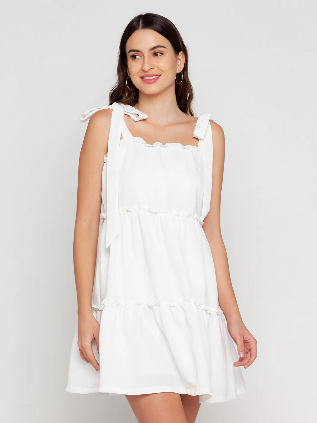 White Solid Tiered Short Dress - Image 2