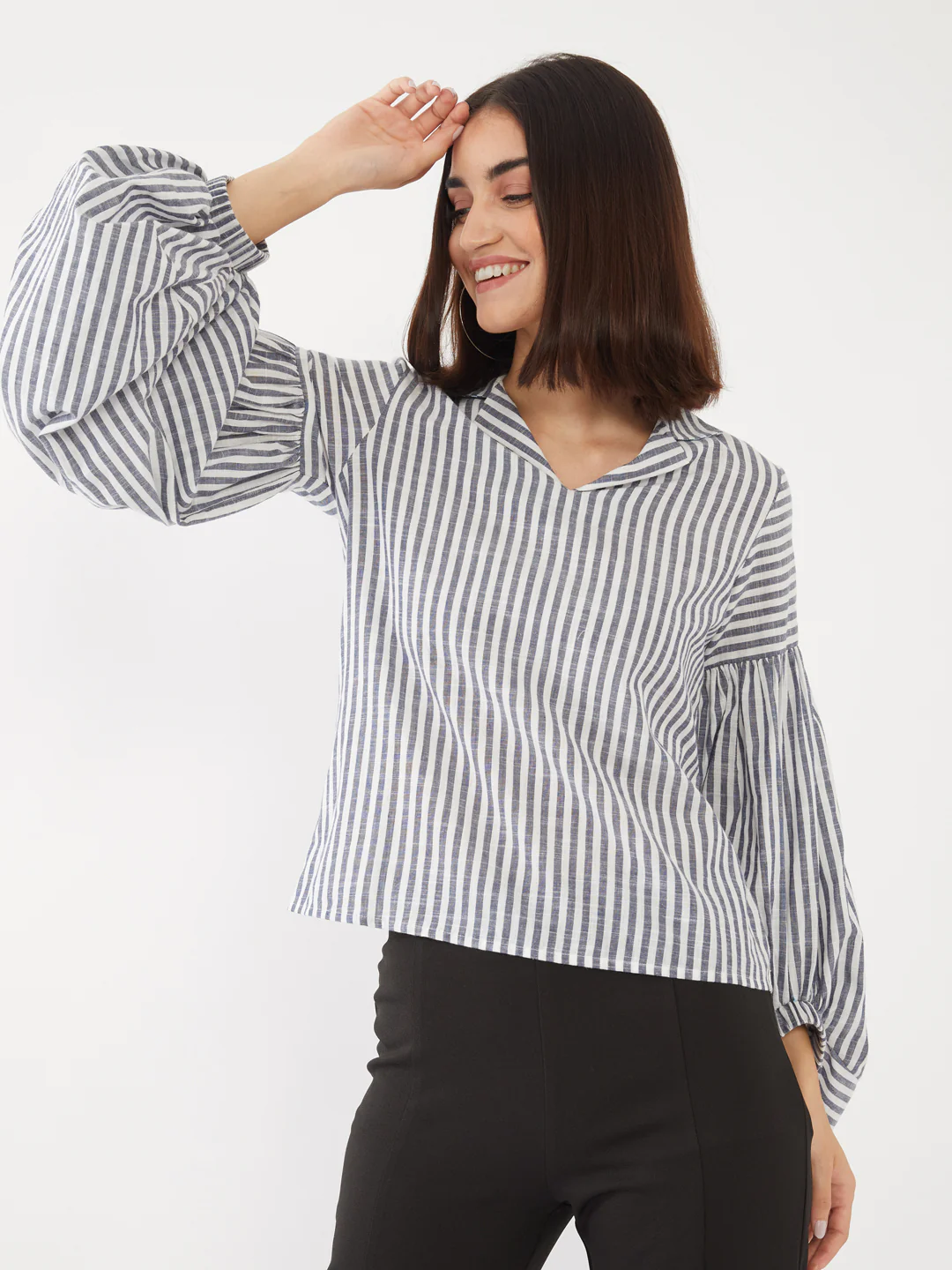 White Striped Puff Sleeve Top - Image 2