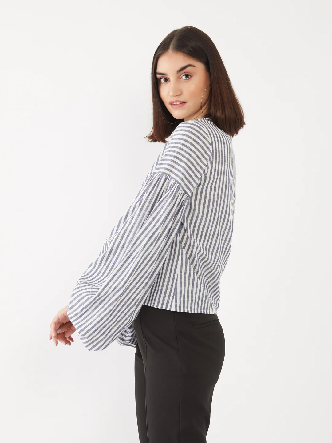 White Striped Puff Sleeve Top - Image 3