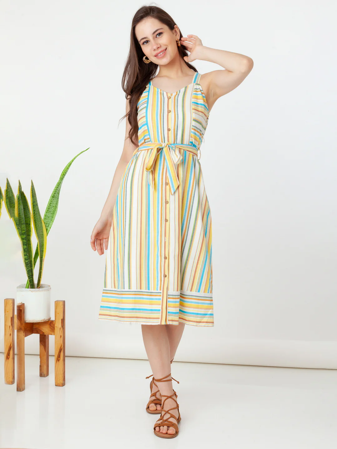 White Striped Regular Midi Dress - Image 5