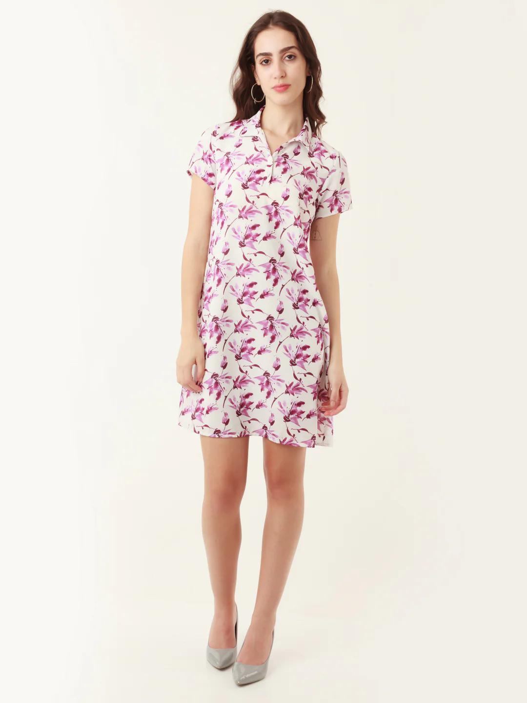 White Tropical Print Regular Mini Dress for Women - Image 5