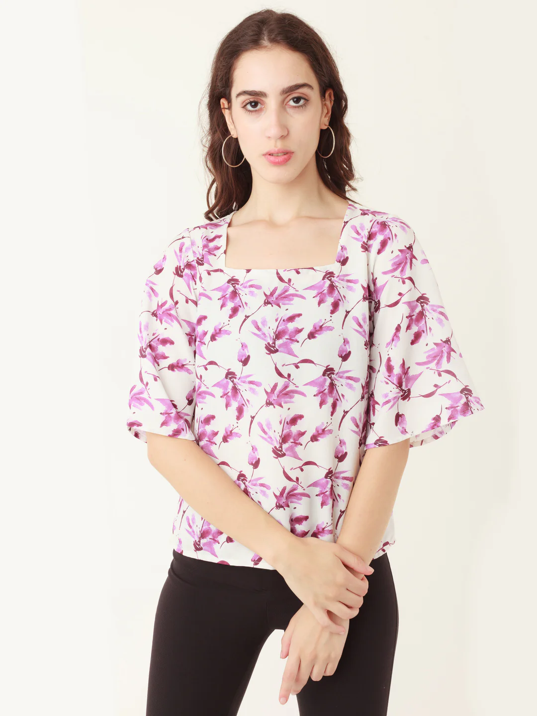 White Tropical Prints Flared Sleeve Top - Image 2