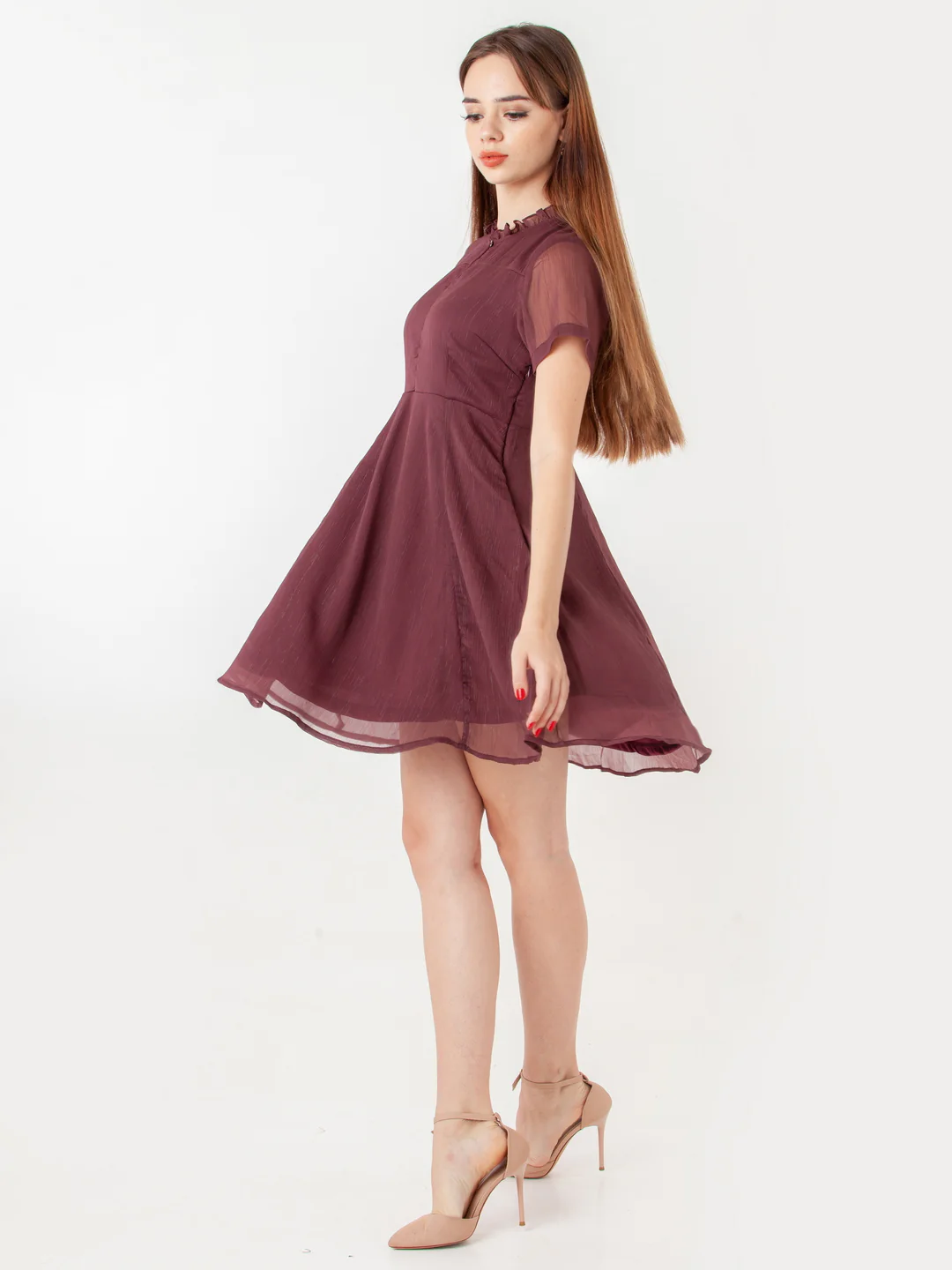 Wine Self Design Flared Short Dress