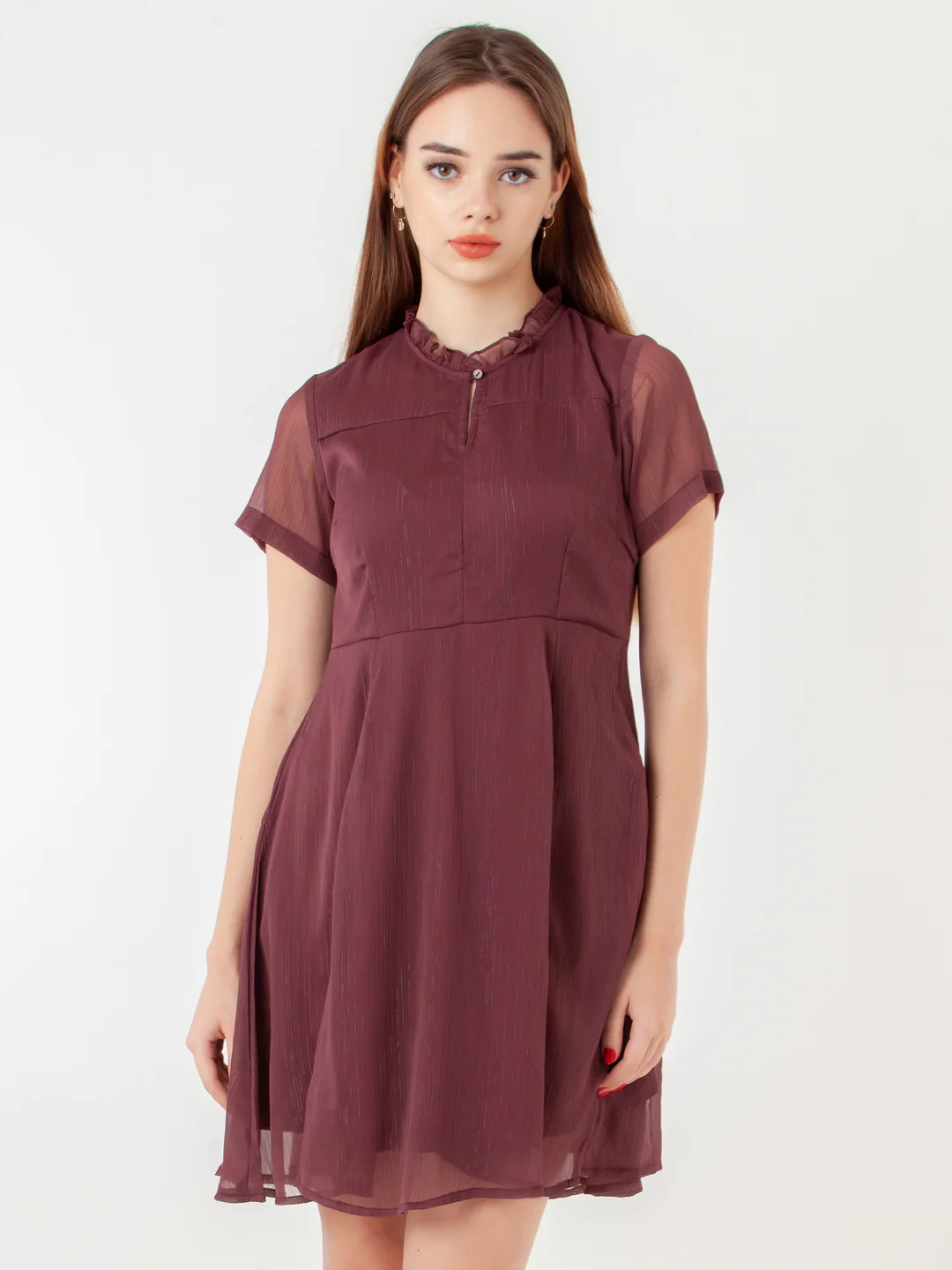 Wine Self Design Flared Short Dress - Image 2