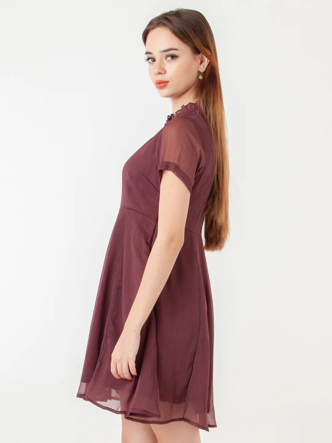 Wine Self Design Flared Short Dress - Image 3