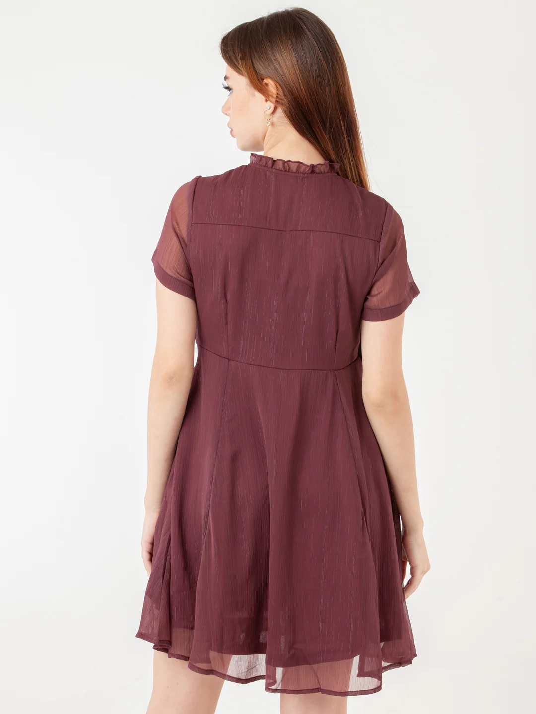 Wine Self Design Flared Short Dress - Image 4
