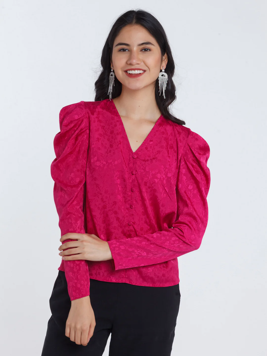 Magenta Self Design Puff Sleeve Top - Image 2