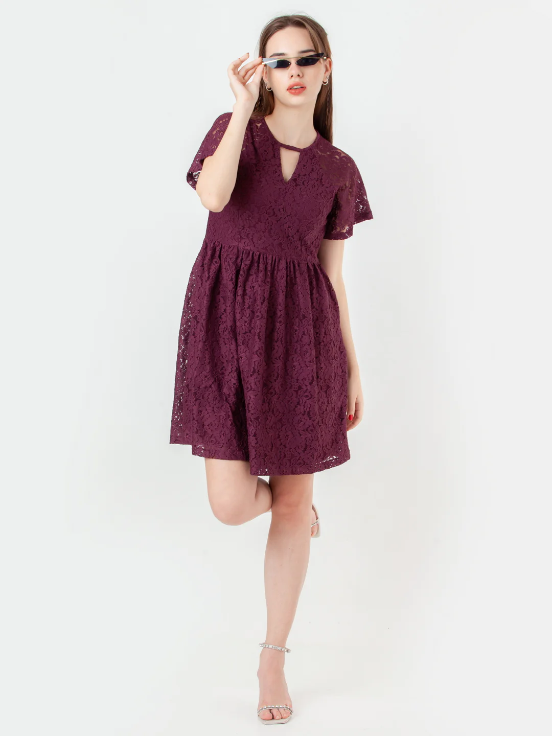 Wine Self Designed Regular Short Dress - Image 2