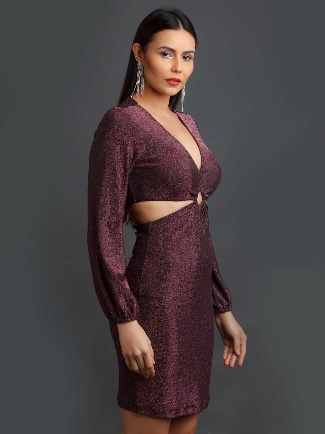 Wine Shimmer Fitted Short Dress - Image 4