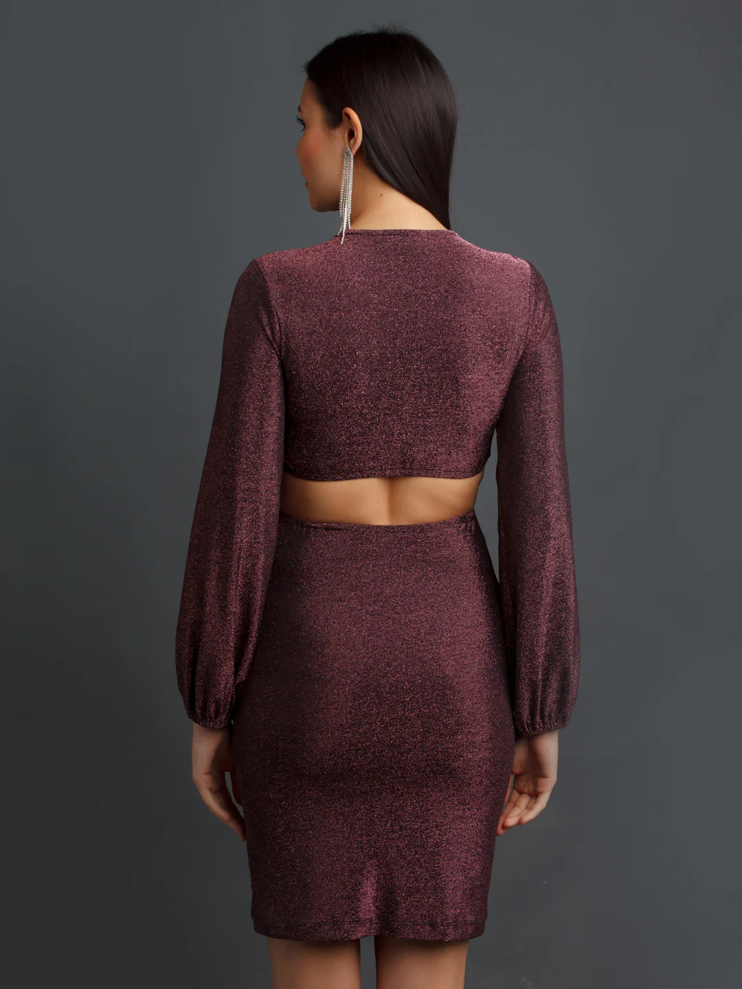 Wine Shimmer Fitted Short Dress - Image 5