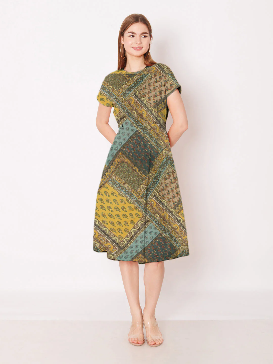 Yellow & Blue Bohemian Printed A-Line Midi Dress - Image 5