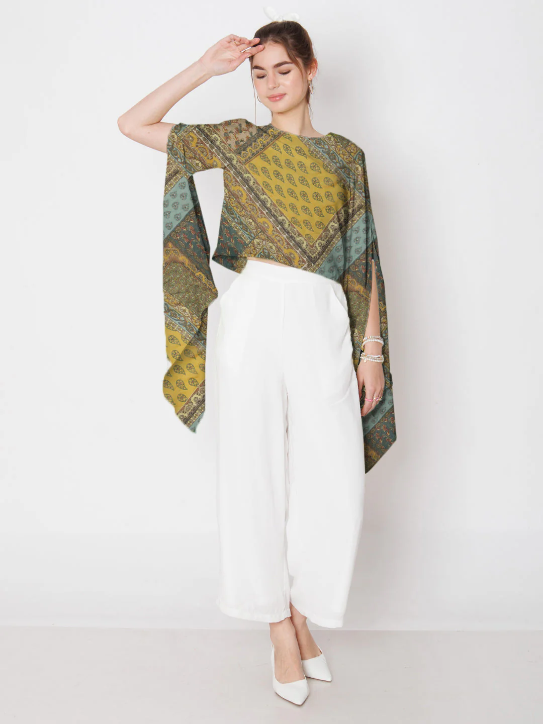 Yellow & Blue Bohemian Printed Stylised Sleeve Top