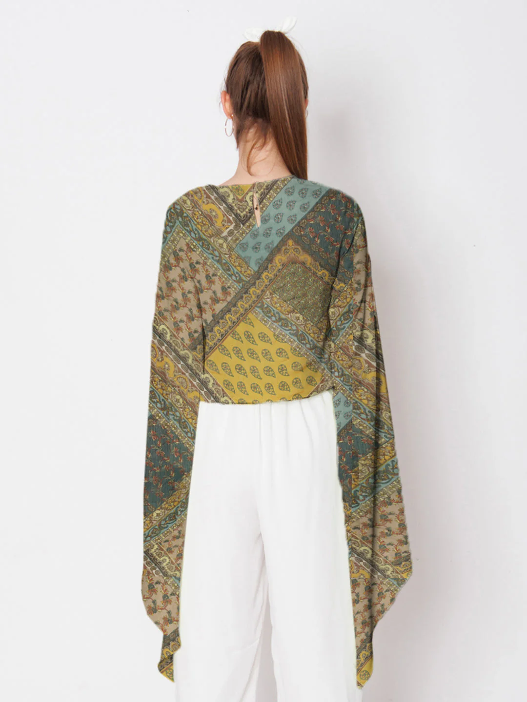 Yellow & Blue Bohemian Printed Stylised Sleeve Top - Image 4