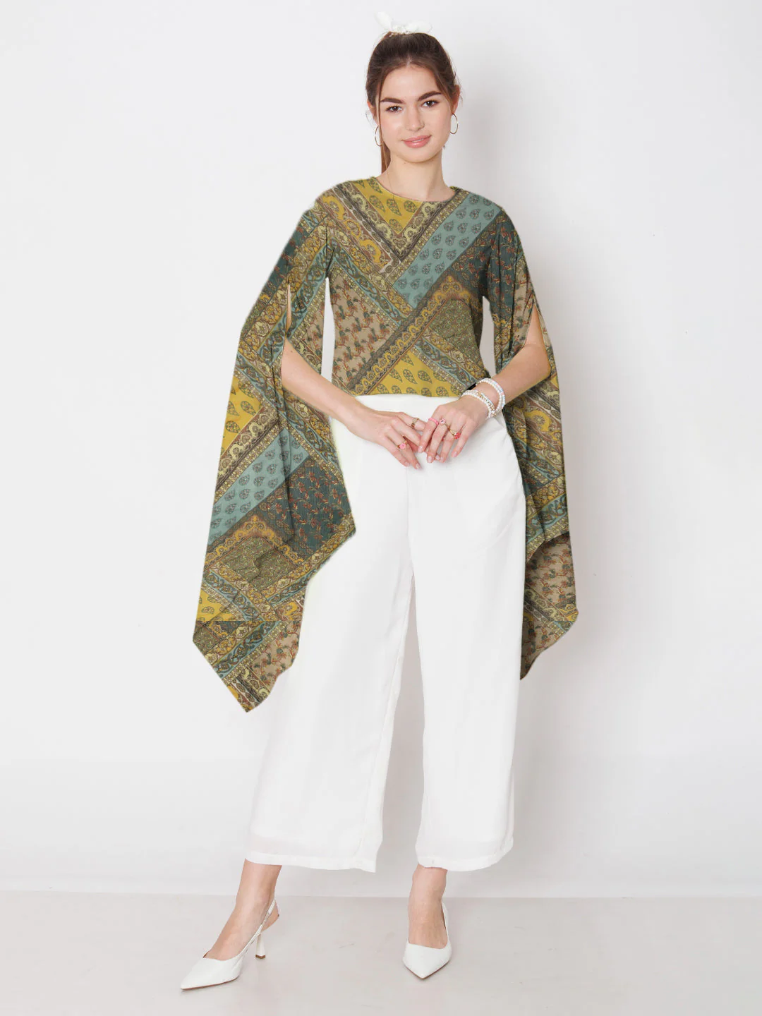 Yellow & Blue Bohemian Printed Stylised Sleeve Top - Image 5