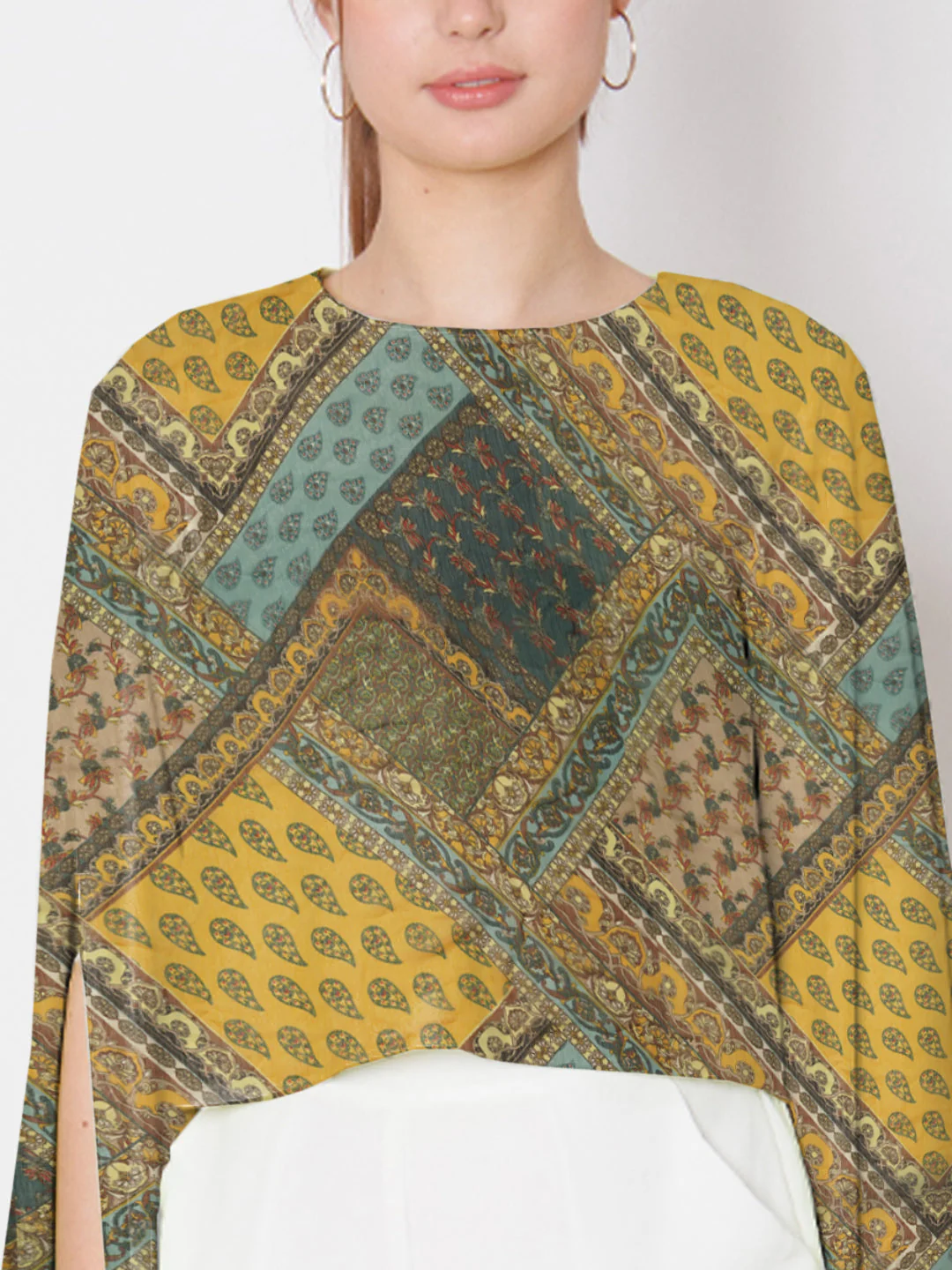 Yellow & Blue Bohemian Printed Stylised Sleeve Top - Image 6