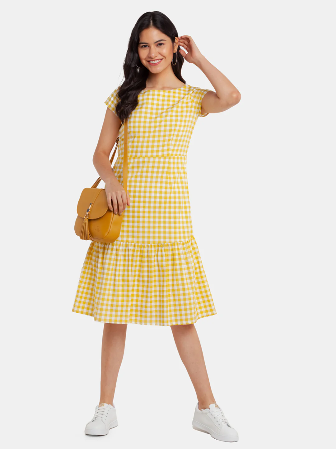 Yellow Checked Tiered Midi Dress