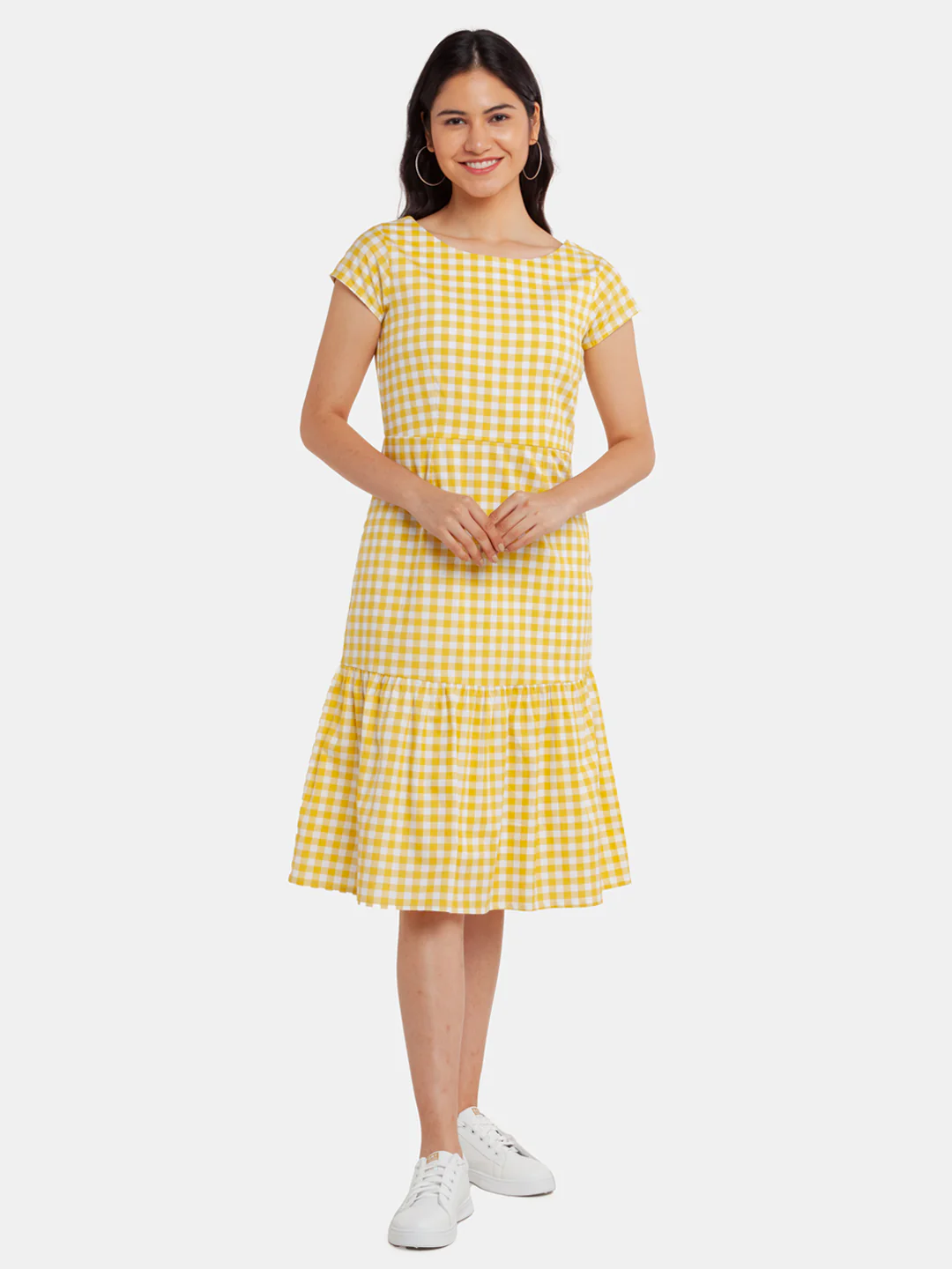 Yellow Checked Tiered Midi Dress - Image 2