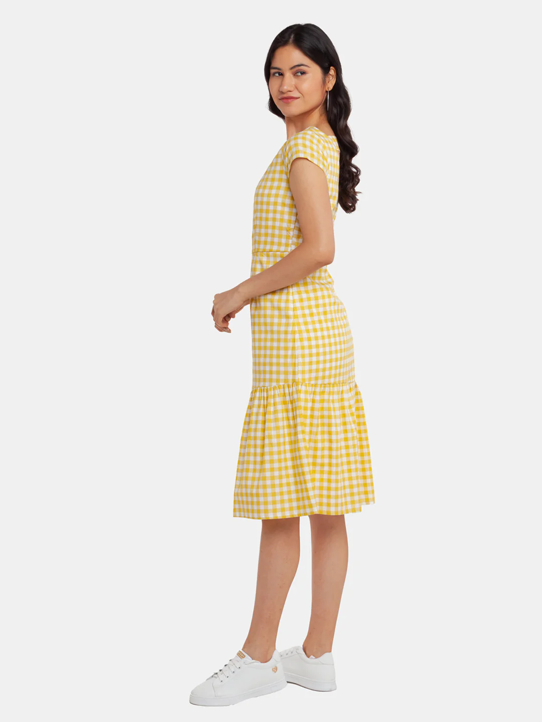 Yellow Checked Tiered Midi Dress - Image 3