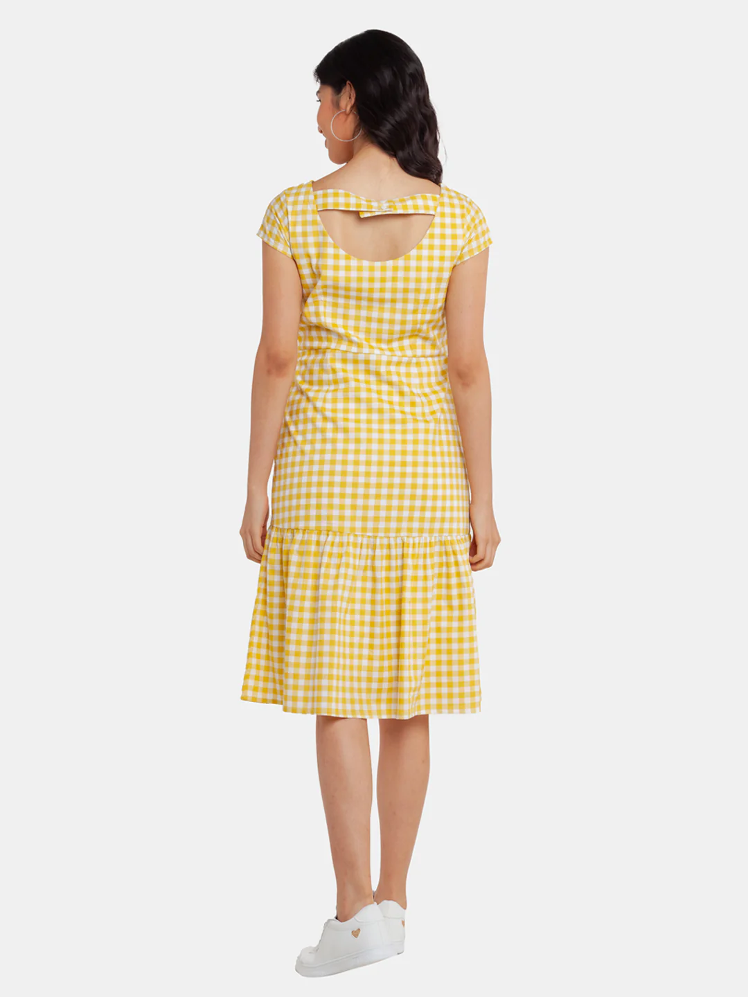 Yellow Checked Tiered Midi Dress - Image 4