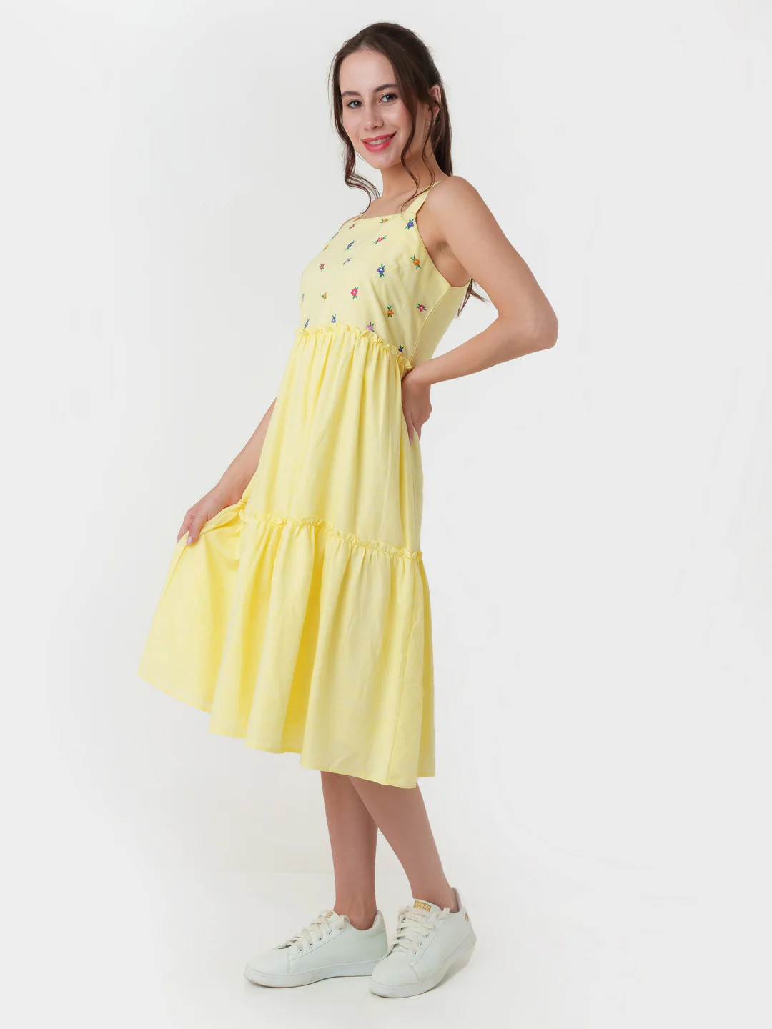 Yellow Embroidered A-Line Midi Dress - Image 3