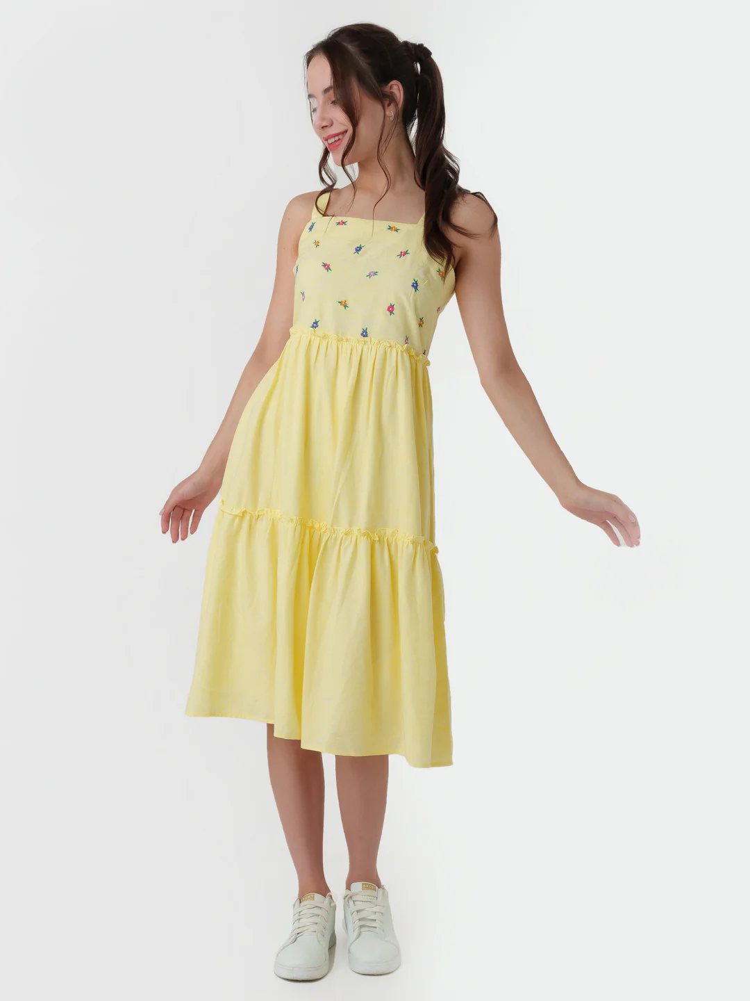 Yellow Embroidered A-Line Midi Dress - Image 5