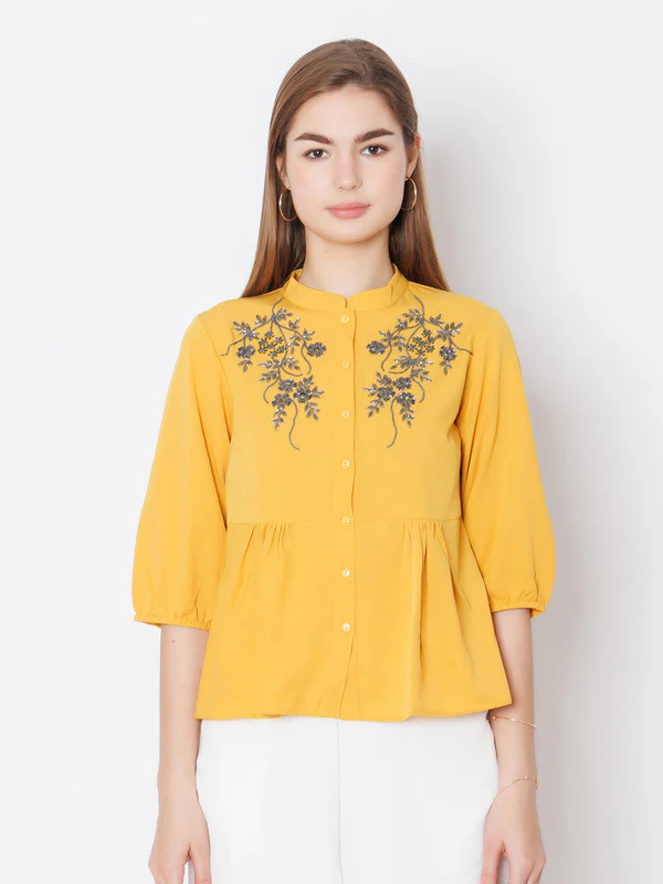 Yellow Embroidered Regular Fit Top - Image 2