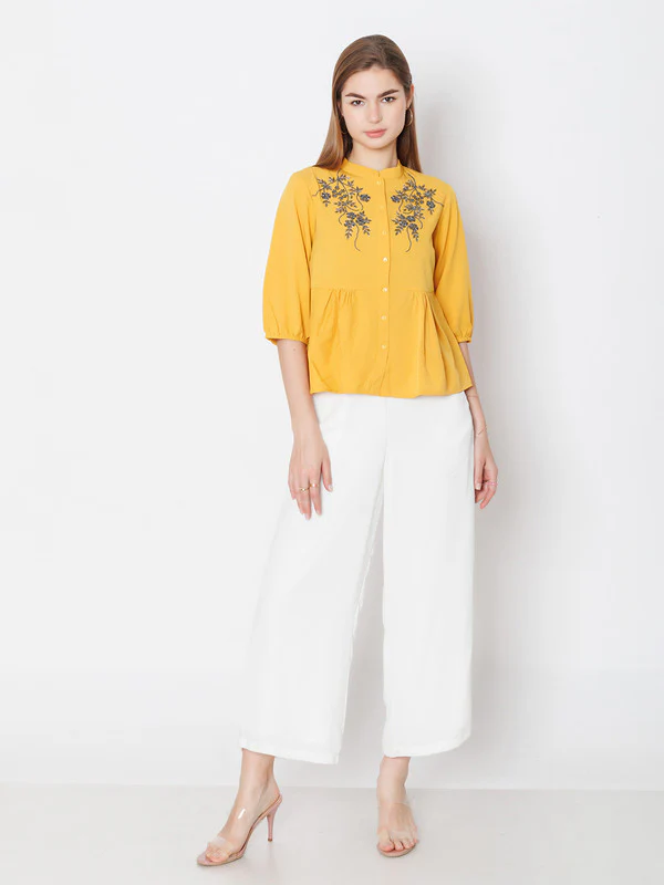Yellow Embroidered Regular Fit Top - Image 5