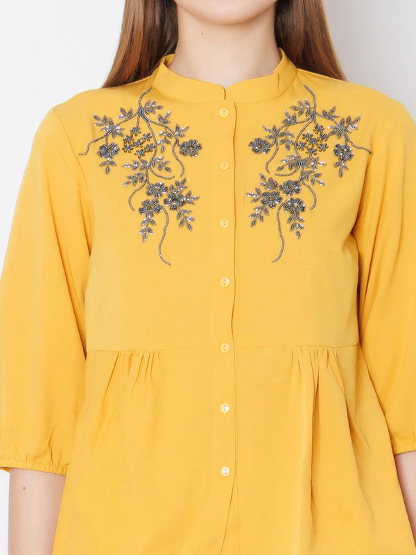 Yellow Embroidered Regular Fit Top - Image 6