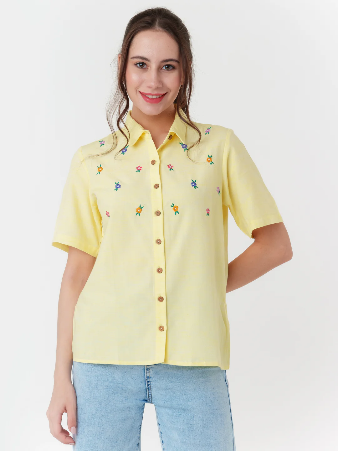 Yellow Embroidered Regular Shirt - Image 3
