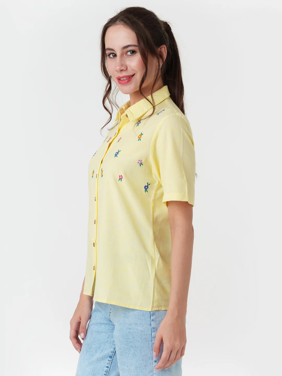 Yellow Embroidered Regular Shirt - Image 4