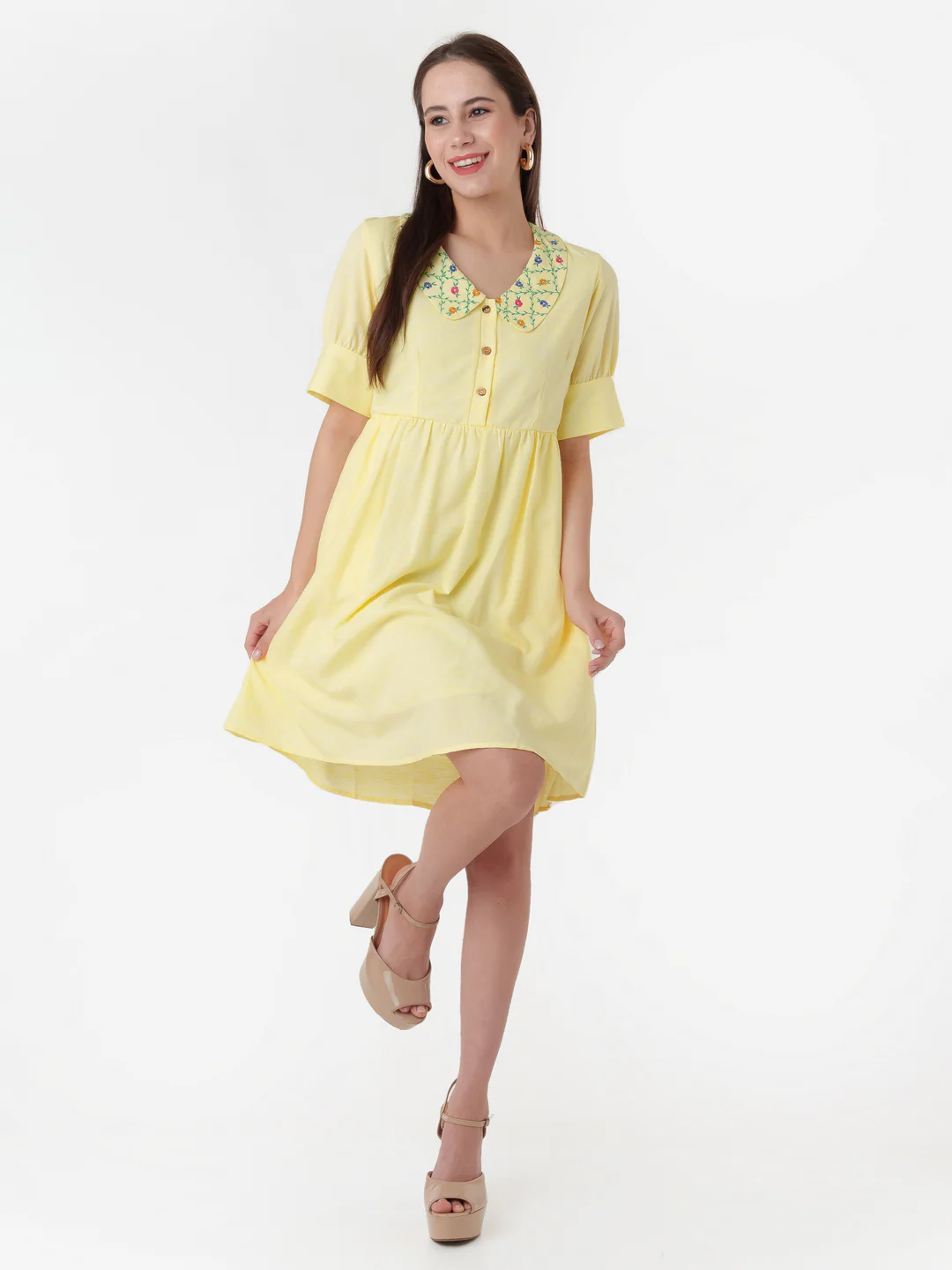 Yellow Embroidered Regular Short Dress
