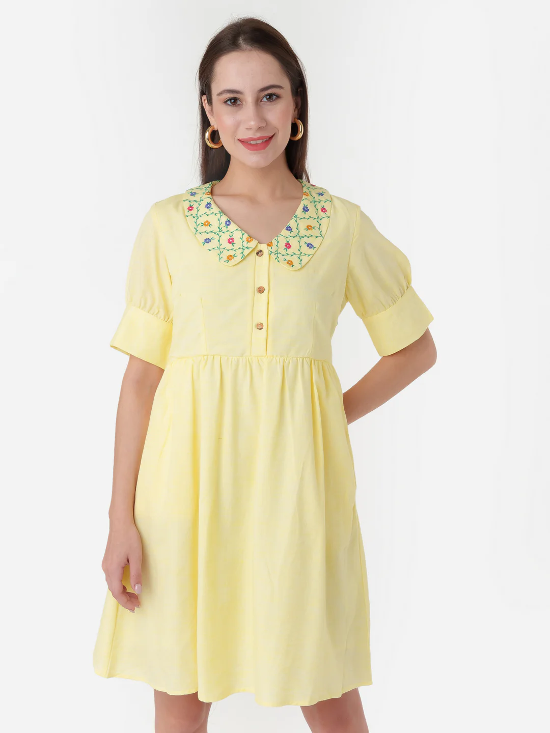 Yellow Embroidered Regular Short Dress - Image 2