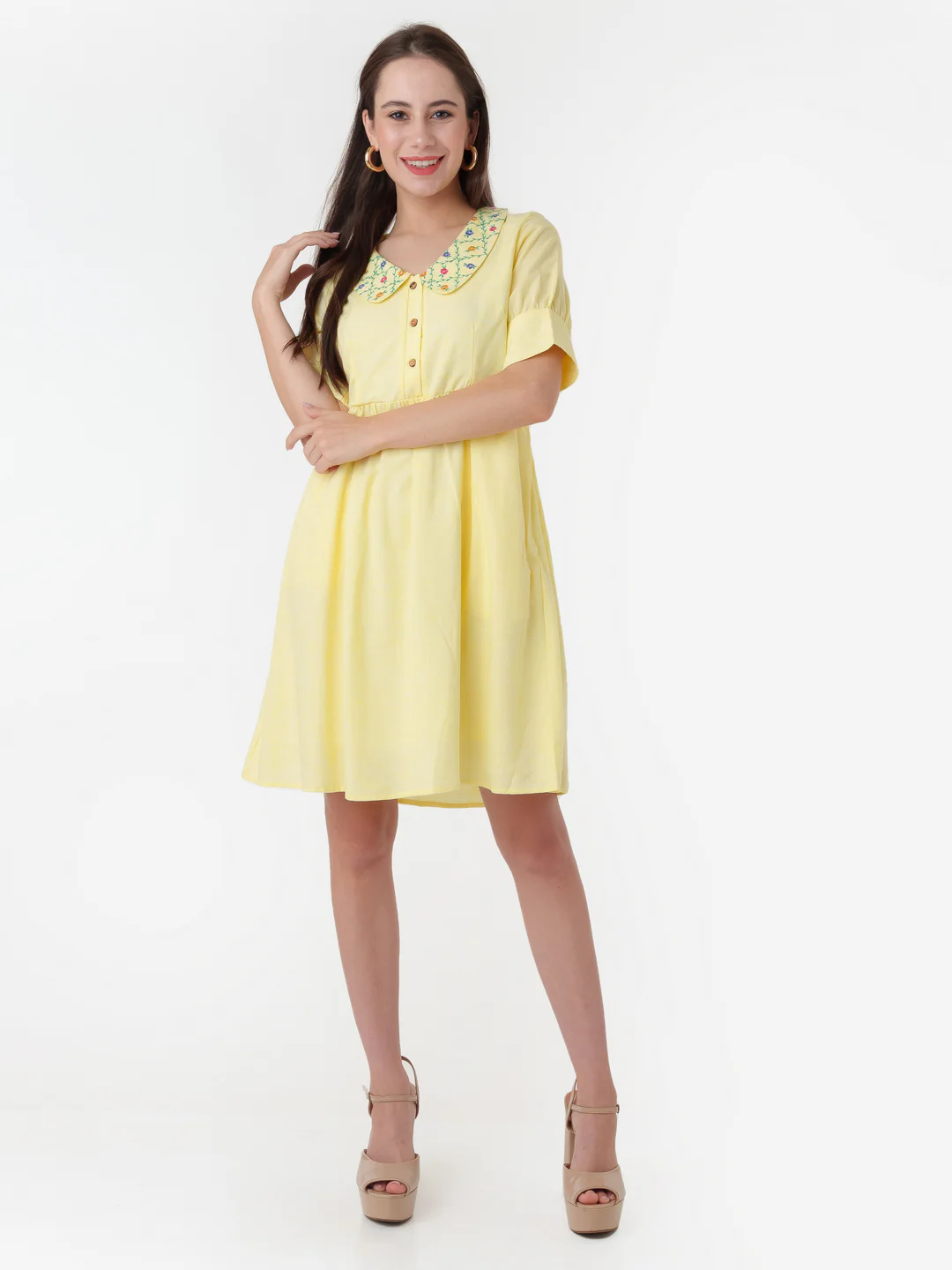 Yellow Embroidered Regular Short Dress - Image 5