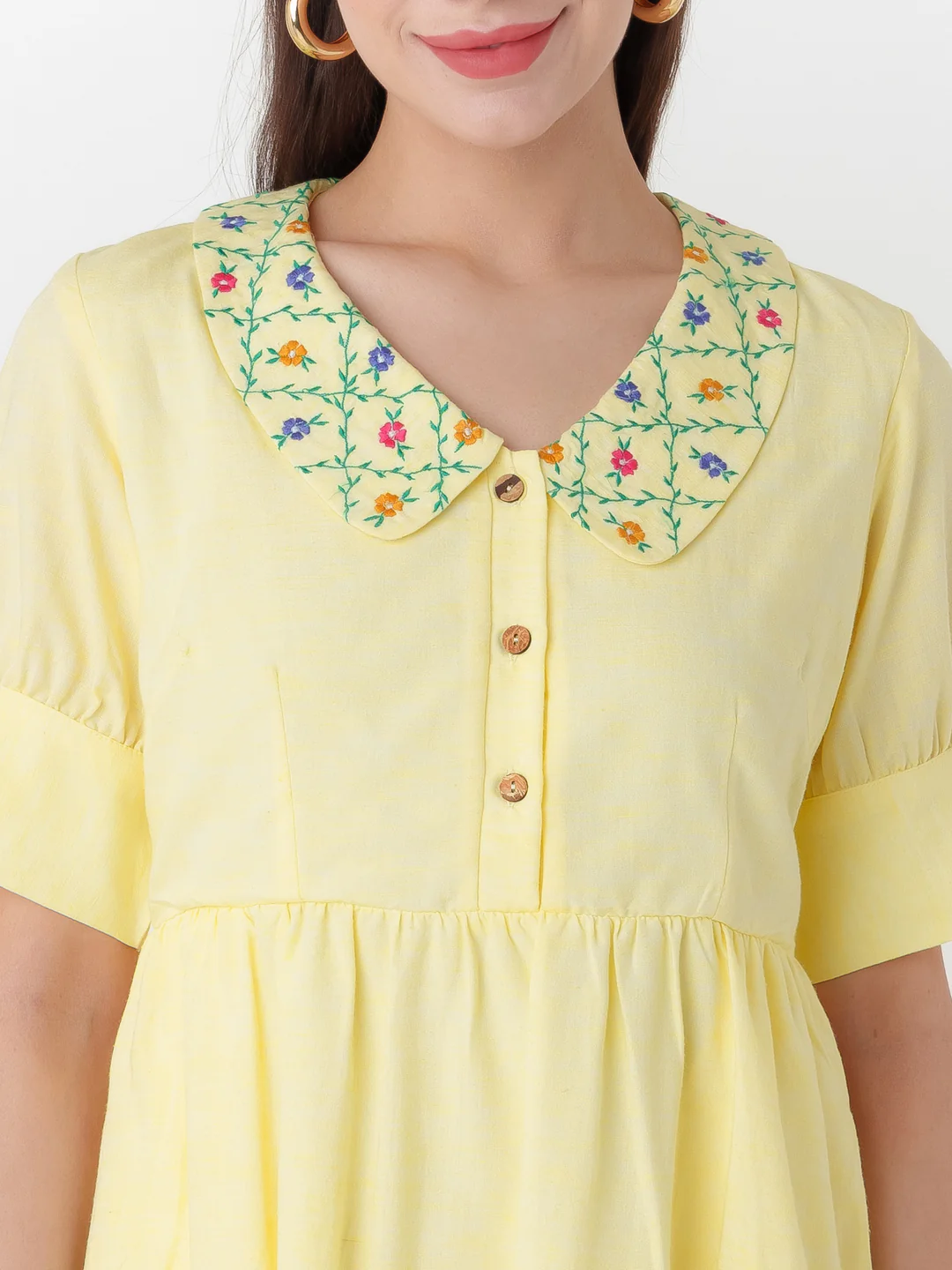 Yellow Embroidered Regular Short Dress - Image 6