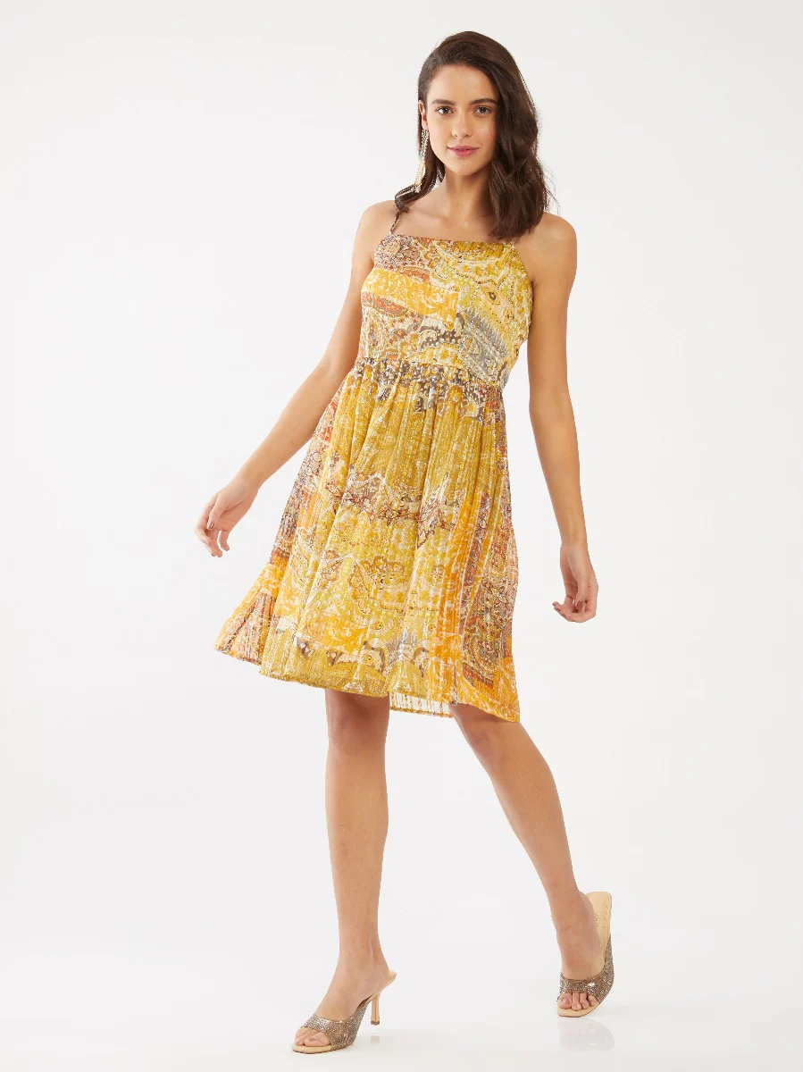 Yellow Ethnic Motif Strappy Short Dress - Image 2